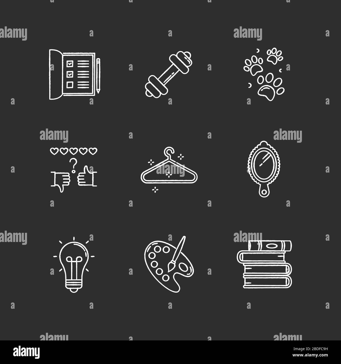 Lifestyle chalk white icons set on black background. List for work. Sport activities. Pet paws print. Review rate. Glowing light bulb. Creative hobby Stock Vector