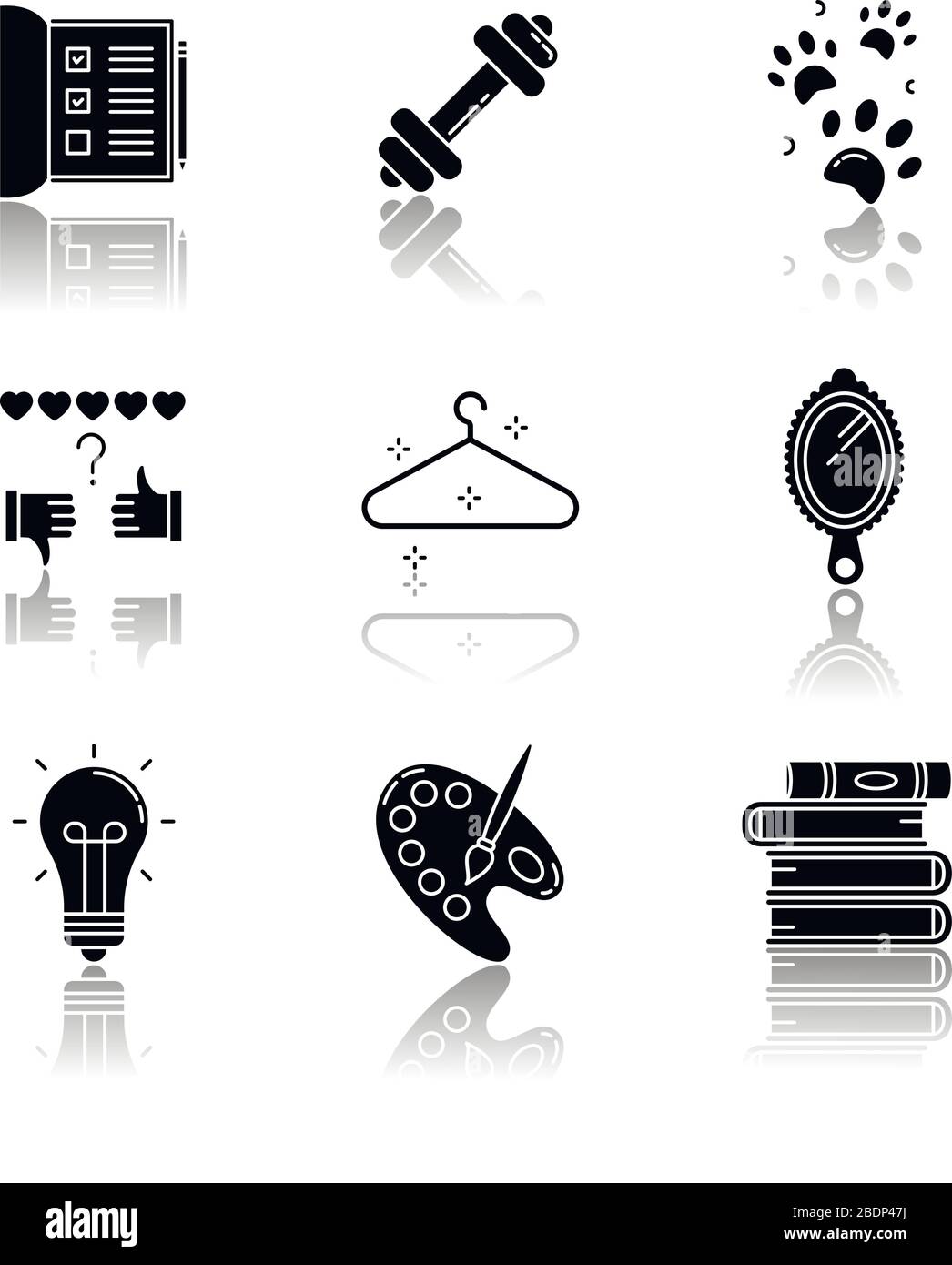 Lifestyle drop shadow black glyph icons set. List for work. Sport activities. Pet paws print. Review rate. Empty hanger. Creative hobby. Isolated Stock Vector