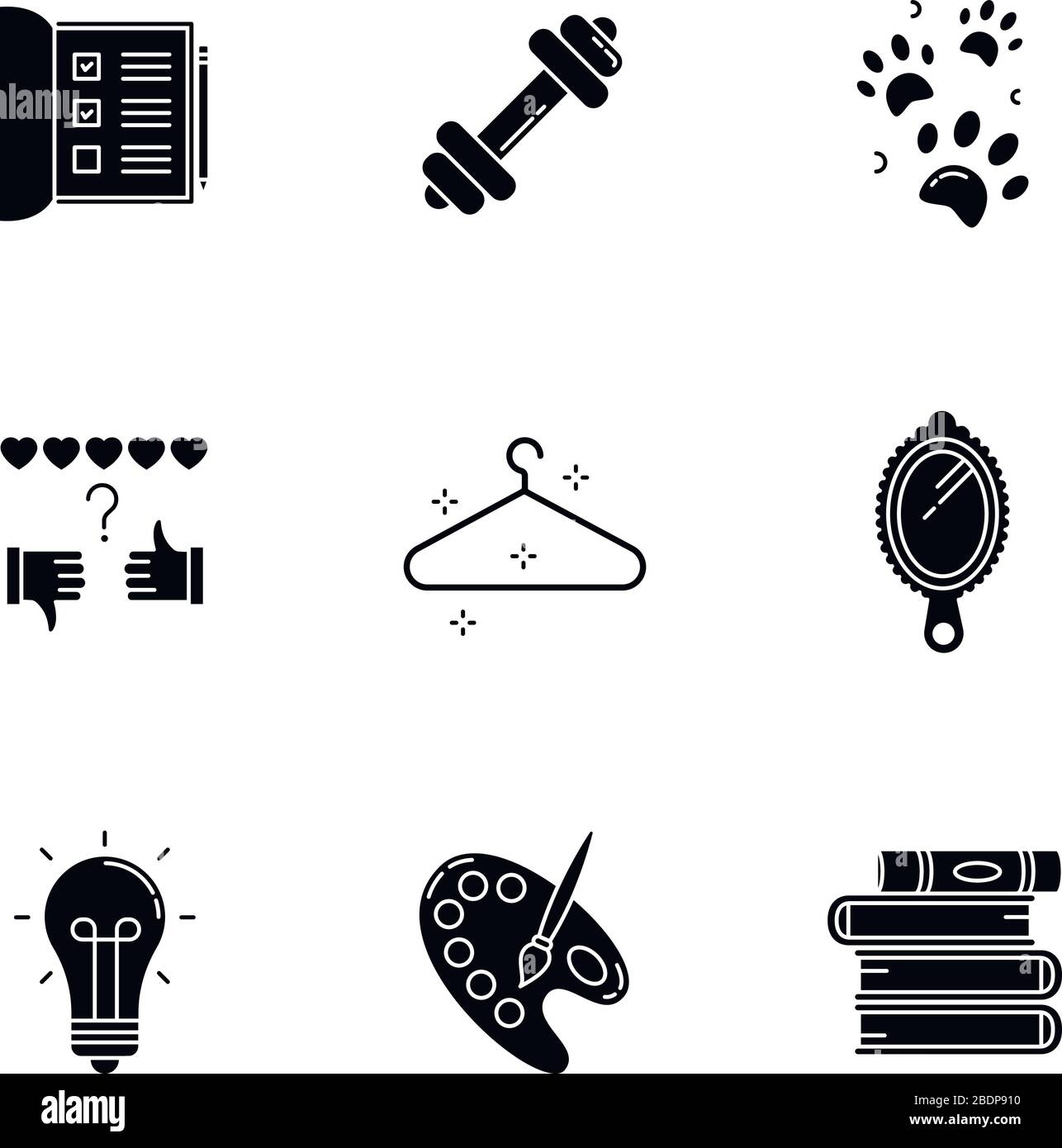 Lifestyle black glyph icons set on white space. List for work. Sport activities. Pet paws print. Review rate. Empty hanger. Creative hobby. Silhouette Stock Vector