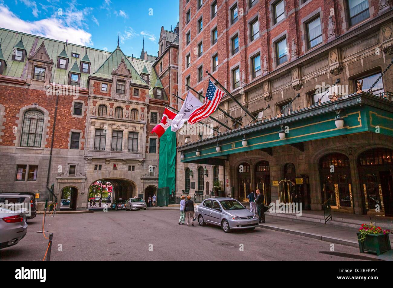 Quebec City, Quebec, Canada, July 2012 - Main entrance to Fairmont Hotel Le Chateau Frontenac in upper town of Quebec city, Canada Stock Photo