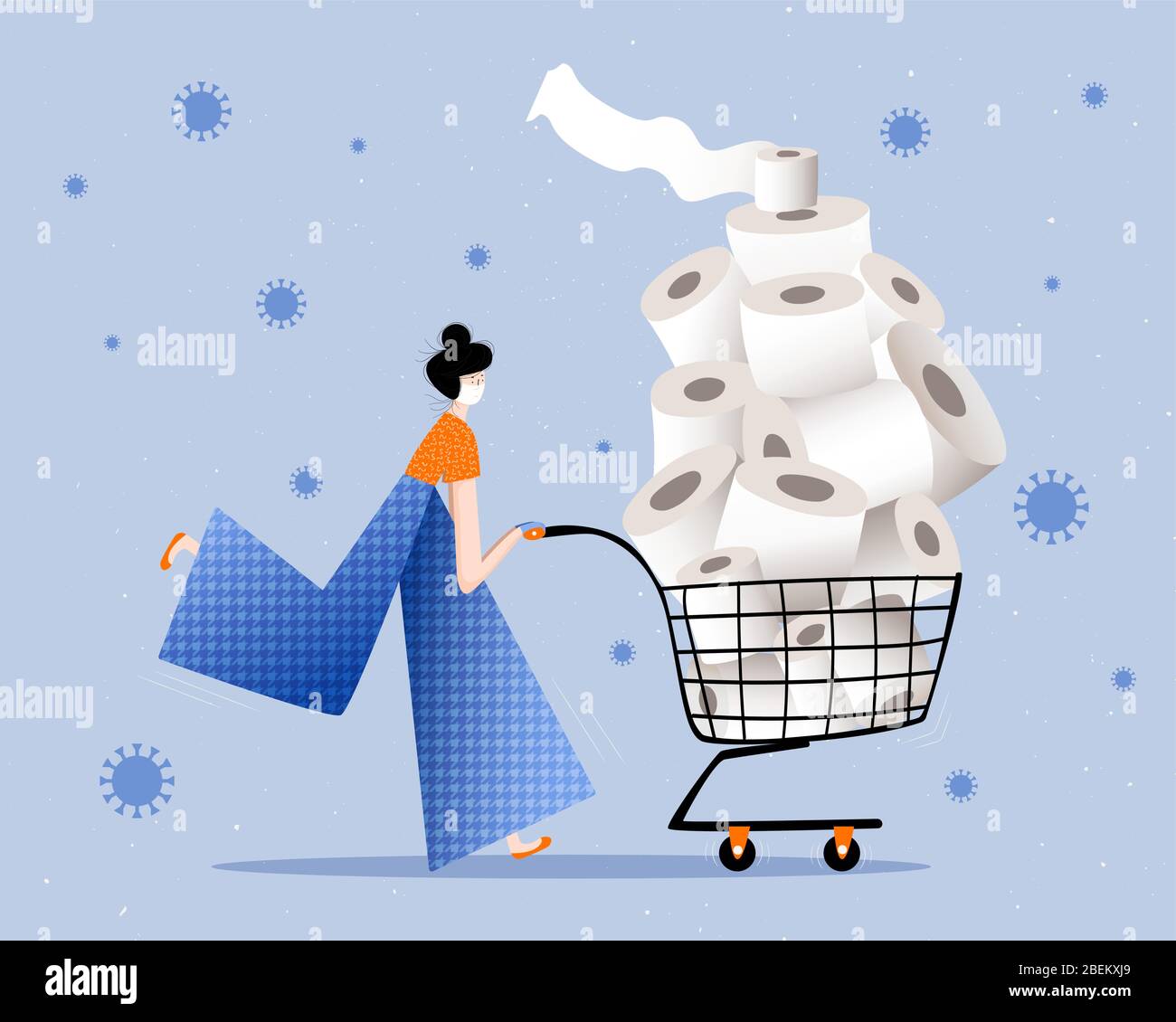 Woman wearing face mask and surgical gloves panic buying full shopping cart of toilet paper during the coronavirus crisis. Covid-19 pandemic concept Stock Vector