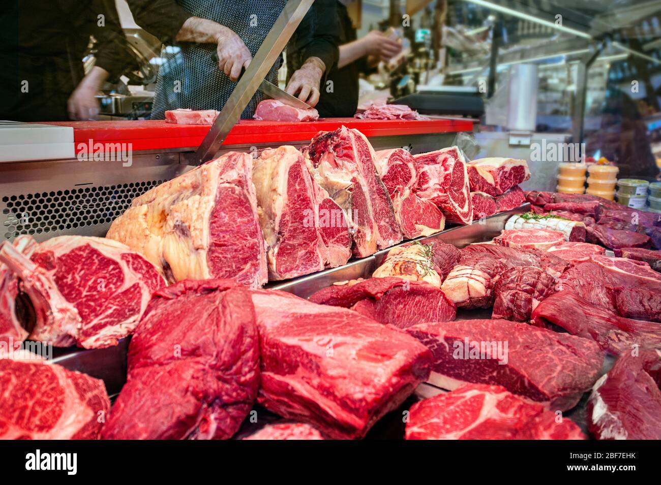 Slices of fresh chilled meat from store Stock Photo