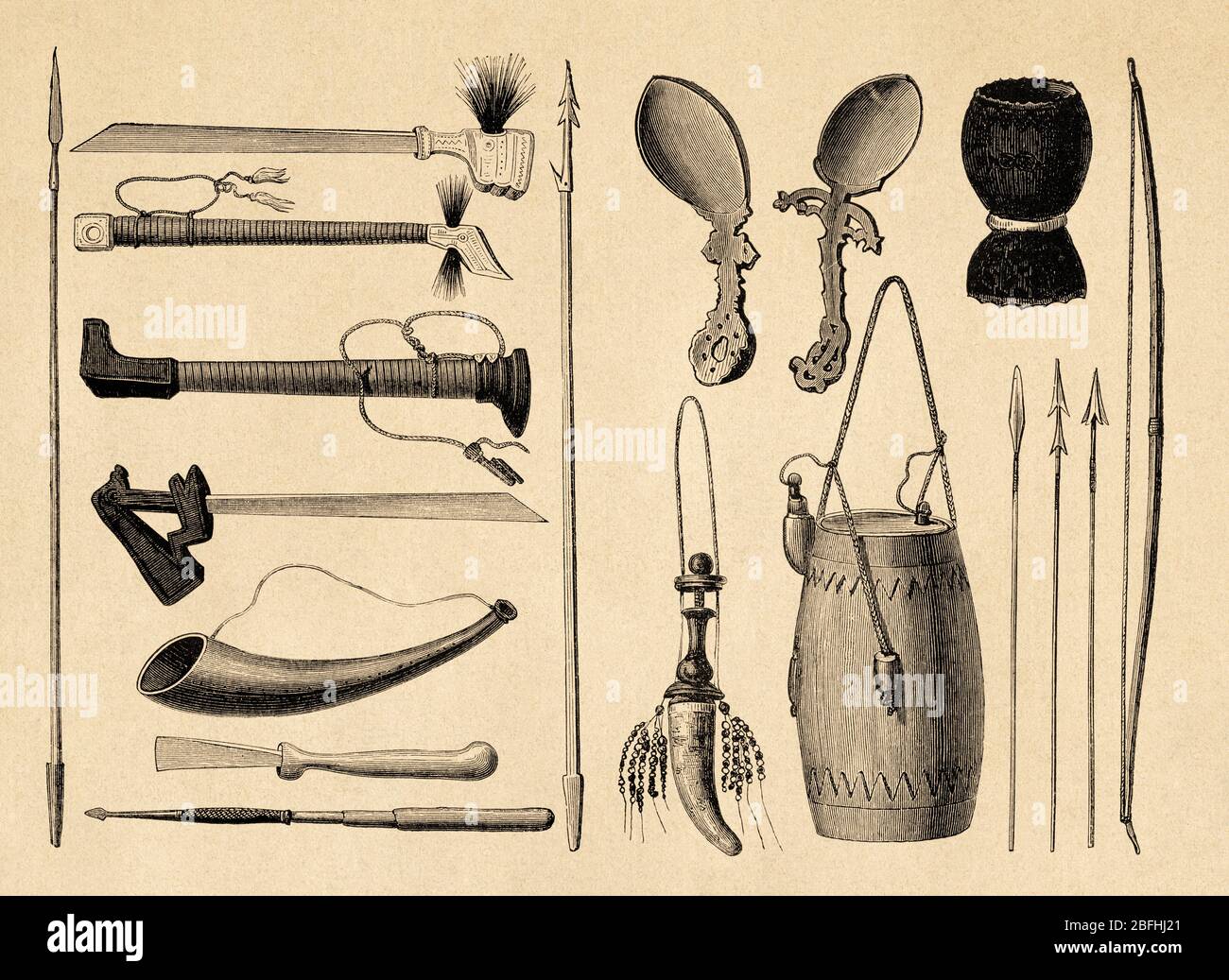 Timorese weapons and tools, Timor island, Indonesia, Asia. Old engraving illustration, The Malay Archipelago by Alfred Russell Wallace Stock Photo