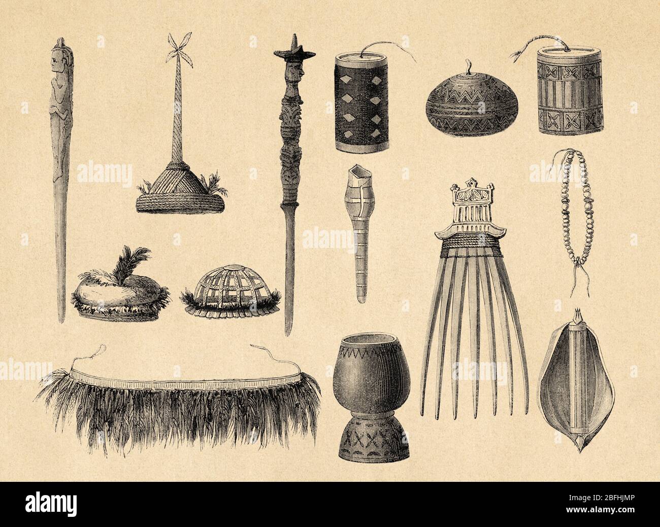 Timorese weapons and tools, Timor island, Indonesia, Asia. Old engraving illustration, The Malay Archipelago by Alfred Russell Wallace Stock Photo