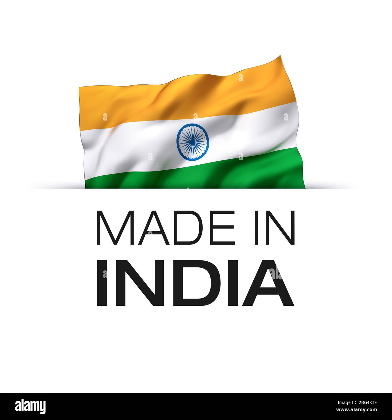 Made in India - Guarantee label with a waving Indian flag. Stock Photo