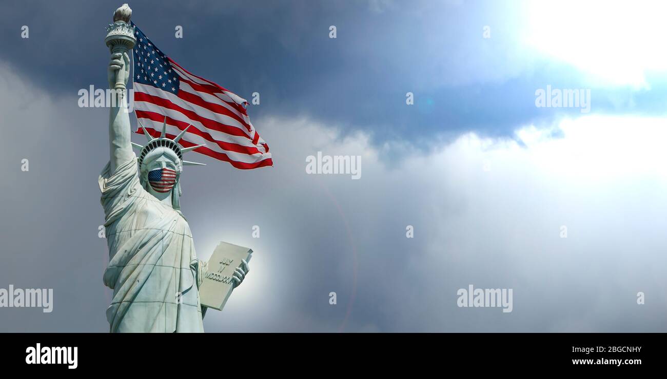 statue of liberty new york with medical surgical mask, covid-19, coronavirus concept and american flag background. new york crisis in america concept Stock Photo