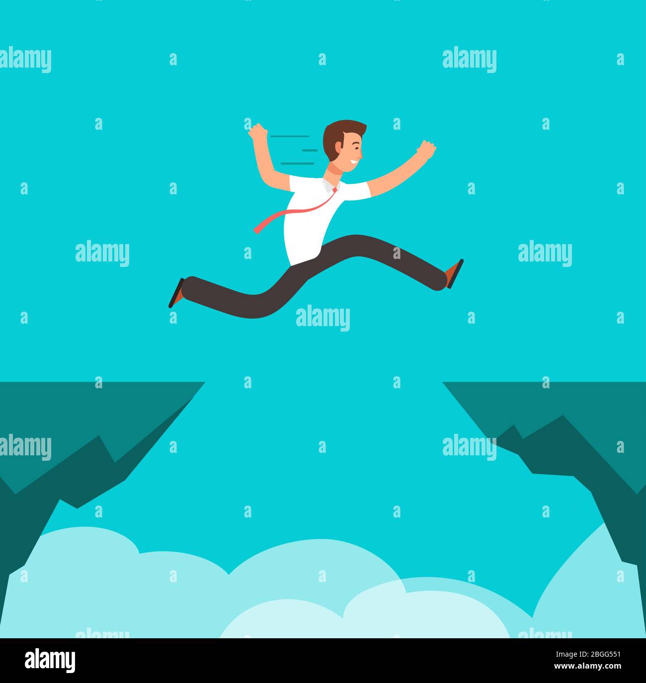 Businessman jumping over canyon. Business challenge, successful overcoming and risk vector cartoon concept. Businessman jump metaphor, motivation and decision illustration Stock Vector