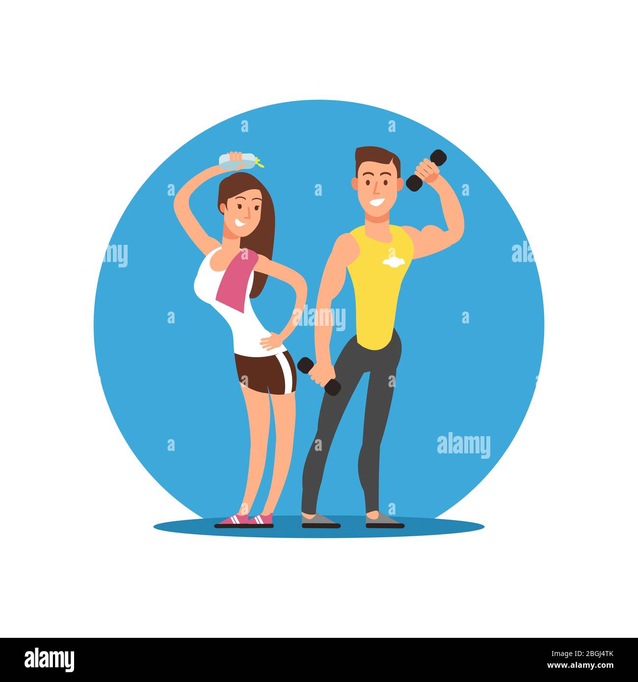 Fitness motivation emblem design. Cartoon character cheerful girl and boy with sport equipment. Flat icon, vector illustration Stock Vector