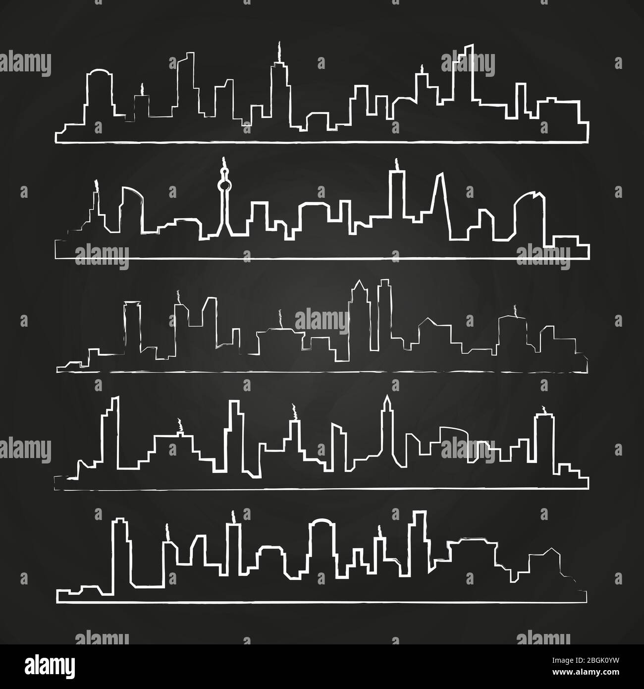 Grunge building line of town. Hand drawn urban vector cityscape set on chalkboard illustration Stock Vector