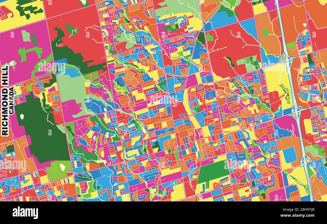 Colorful vector map of Richmond Hill, Ontario, Canada. Art Map template for selfprinting wall art in landscape format. Stock Vector