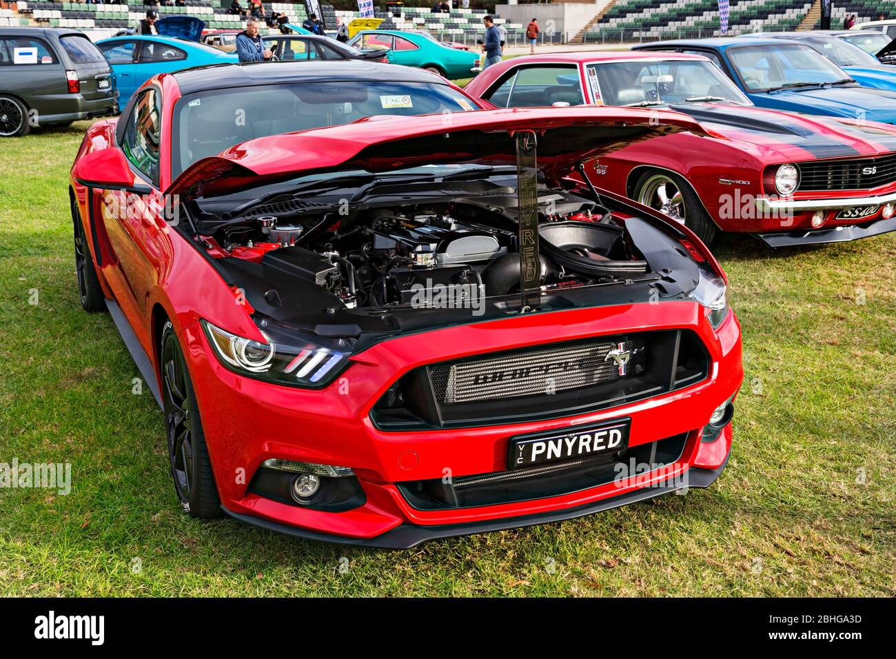 Automobiles /   American made  Ford Mustang Pony Red G6 eco boost displayed at a motor show in Melbourne Victoria Australia. Stock Photo