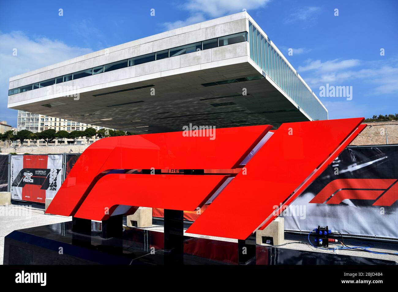 Marseille, France. 23rd Apr, 2020. A F1 logo seen in front of the Villa Mediterranean during the cancellation of Formula 1 Festival amid Coronavirus crisis. The Formula 1 Grand Prix of France, scheduled for June 28, 2020 at the Paul-Ricard circuit in Le Castellet, is cancelled due to the Pandemic of covid-19. Credit: SOPA Images Limited/Alamy Live News Stock Photo