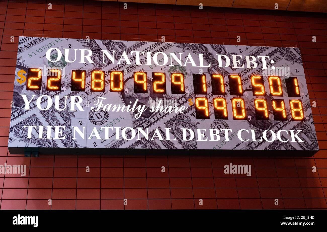 New York, United States. 29th Apr, 2020. The National Debt Clock is a very large digital display of the current gross national debt of the United States. It is mounted on a western facing wall in a wide covered alley in the middle of the block and runs between West 42nd Street and West 43rd Street. The alley is located between Sixth Avenue and Broadway in New York City. The displayed debt shown is as of April 29, 2020. Credit: SOPA Images Limited/Alamy Live News Stock Photo