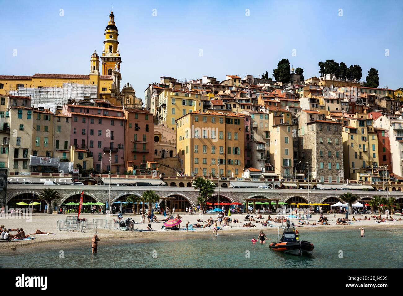 Menton Beach and sea front, Cote d'Azur, Provence, France. Stock Photo