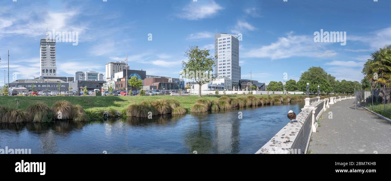 CHRISTCHURCH, NEW ZEALAND - December 03 2019: cityscape with river Avon and new buildings in earthquake damaged town, shot in bright spring light on d Stock Photo