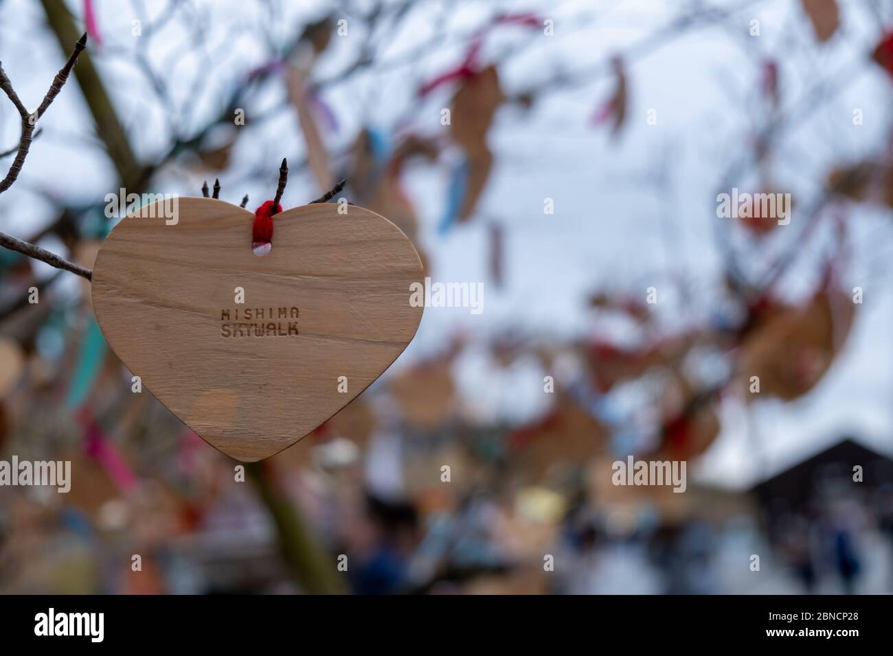 Shizuoka, Japan - March 23, 2019: View of the heart wooden tag of Mishima Skywalk hangs on the tree, a pedestrian bridge officially known as the Hakon Stock Photo