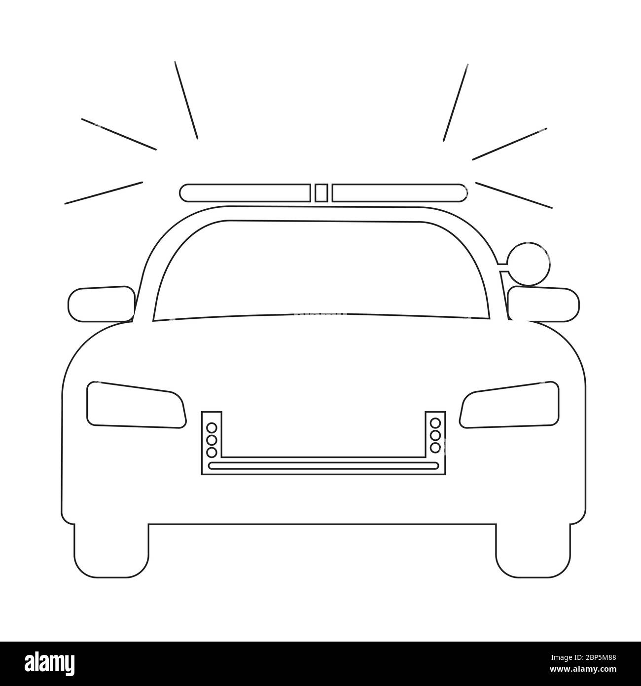 Police Cop Car with siren front view. Simple black and white outline illustration depicting police emergency response vehicle car with flash. EPS Vect Stock Vector