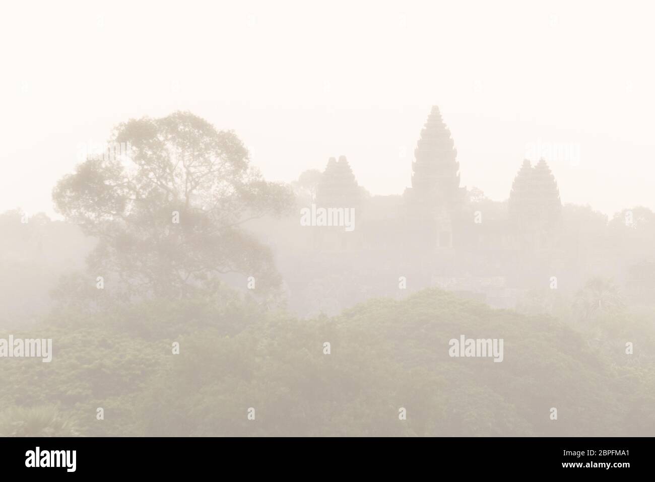 Aerial view of Angkor Wat in mist Stock Photo