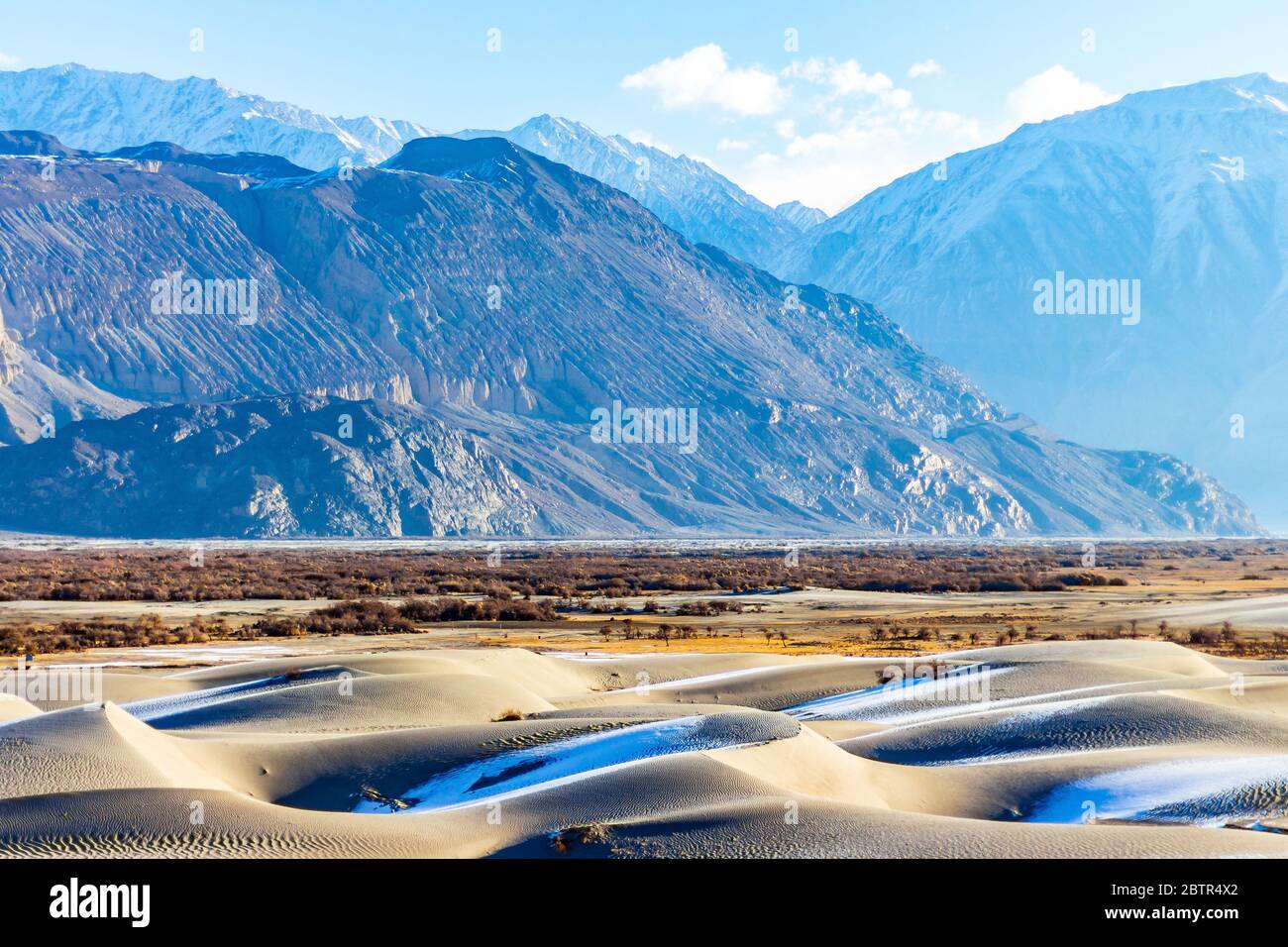 Hunder sand dunes in Ladakh Jammu & Kashmir, India. Stunning silver sand dunes of Hunder in the Nubra Valley region located in Ladakh, India. - Image Stock Photo