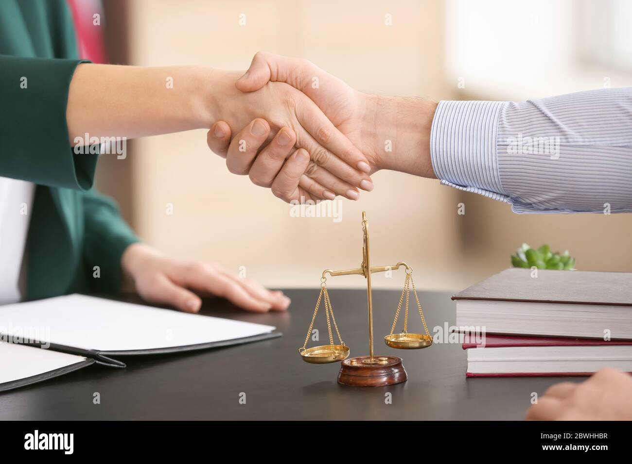 Female judge and client shaking hands in office, closeup Stock Photo