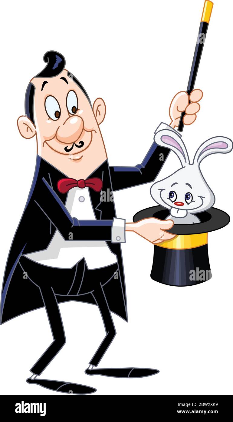 Magician performing the rabbit in a hat trick Stock Vector