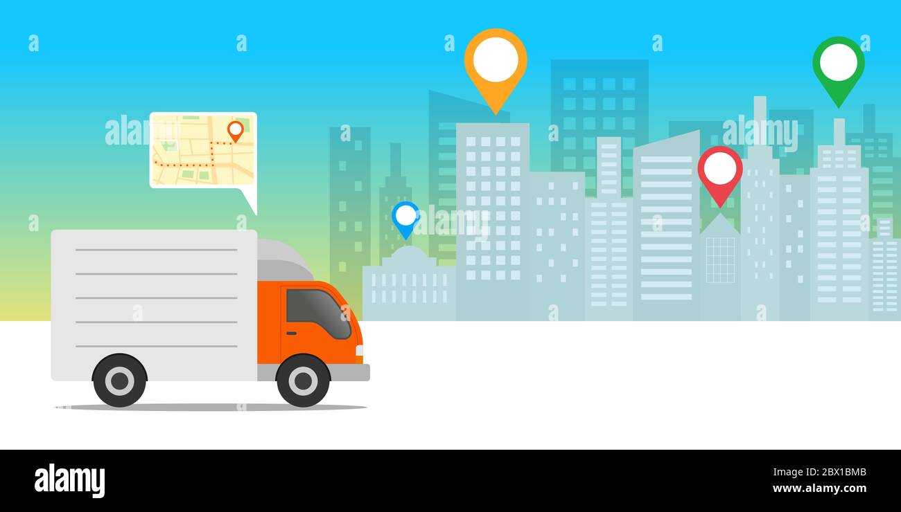 Express delivery concept. Delivery truck with location mobile ...