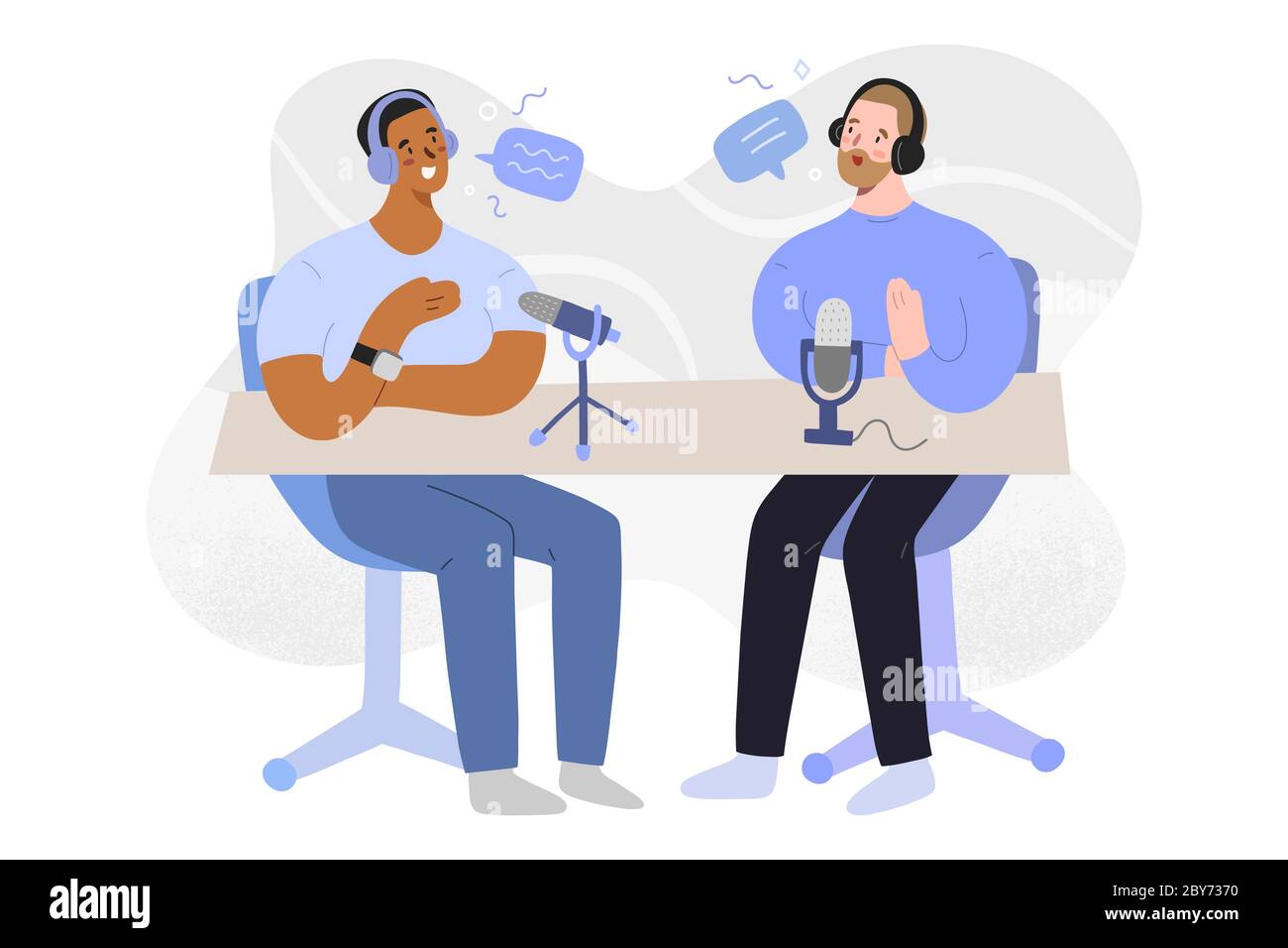 Radio interview, podcast host and guest talking, discussing and recording an audio program, vector cartoon illustration, characters in headphones with Stock Vector