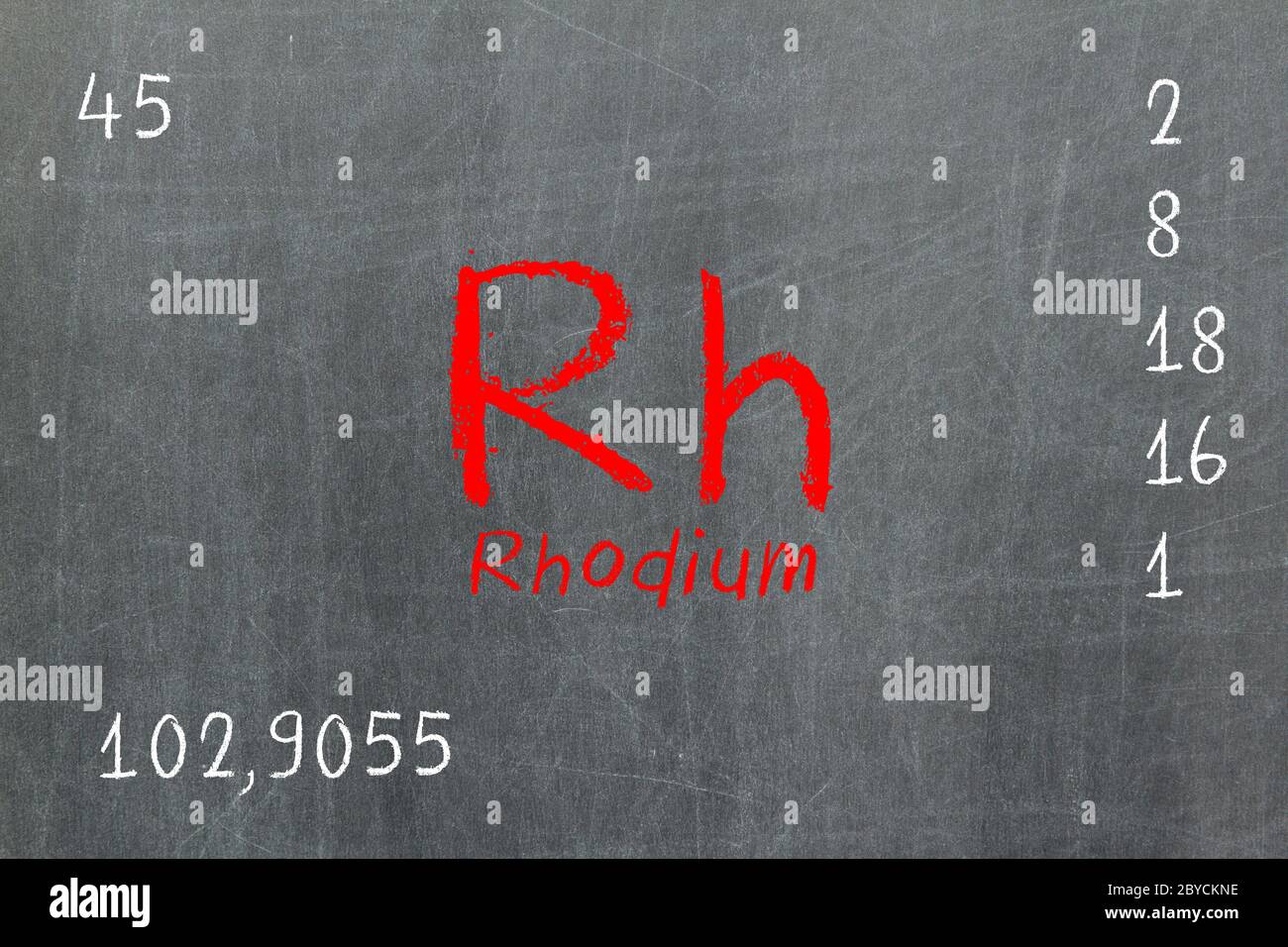 Isolated blackboard with periodic table, Rhodium Stock Photo