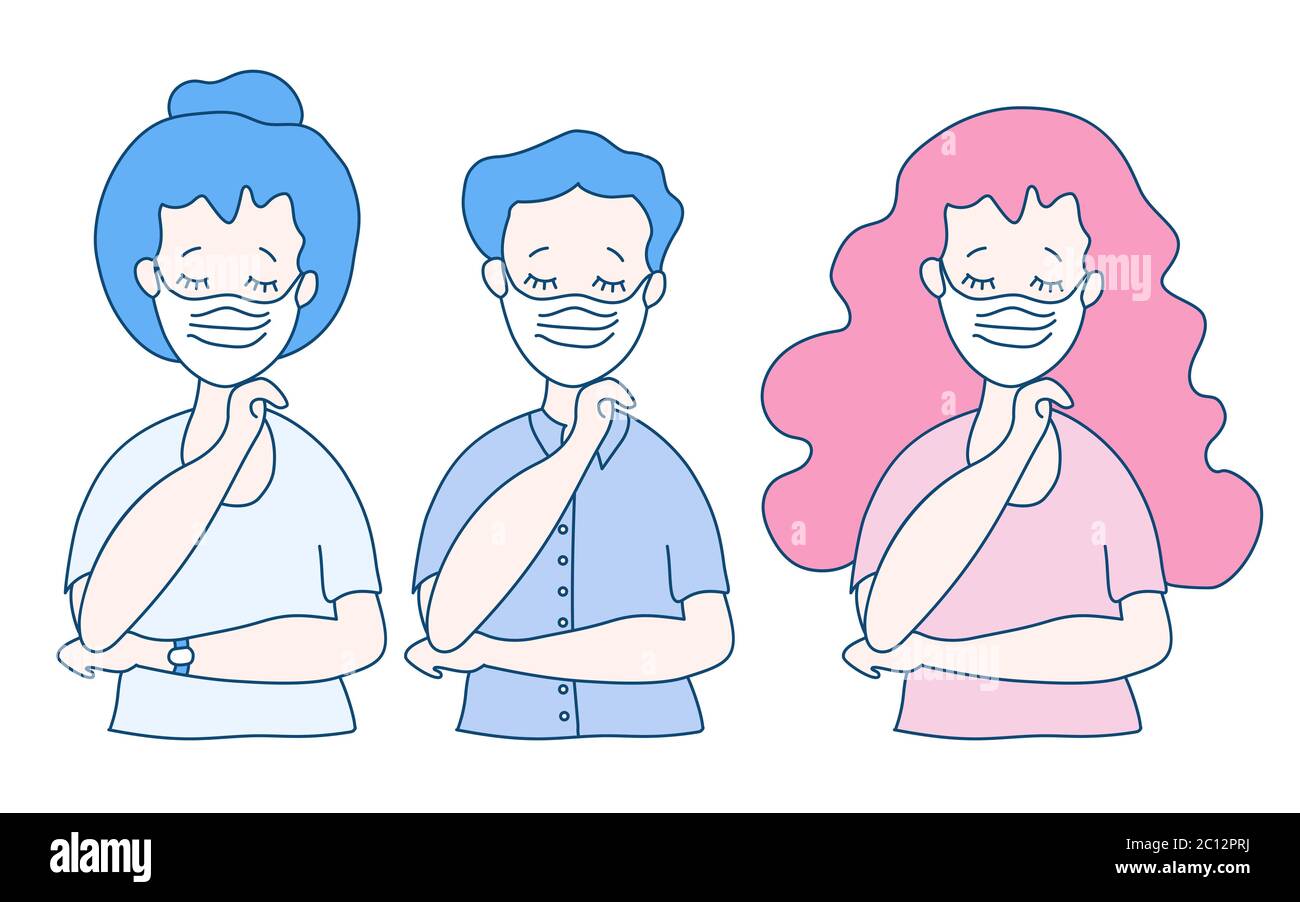 People with medical masks. Woman with hairstyle, girl with long hair and a guy in medical face masks with eyes closed. Protection from the virus and Stock Vector