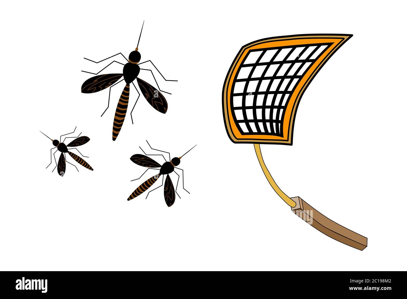 Fly swatter with mosquitos isolated on white.Tool for destruction of insects. Palette to kill mosquitoes.Trapping insects pest net racket.Stock vector Stock Vector