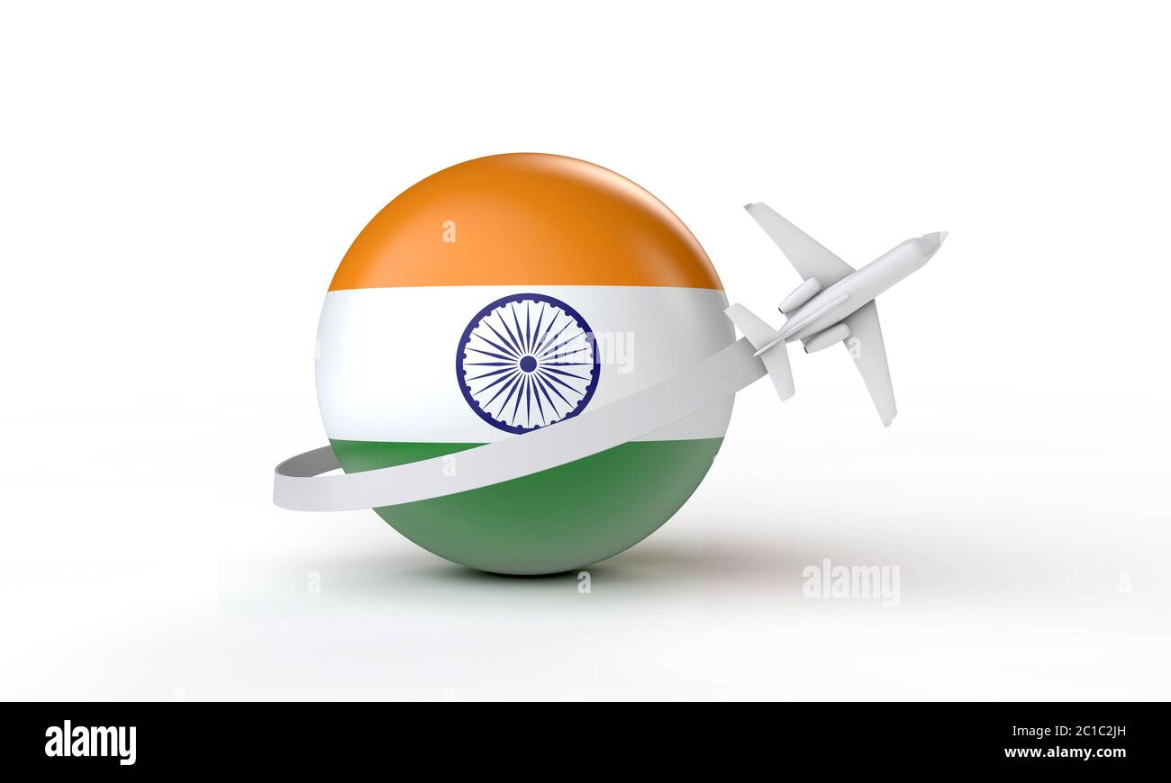 Travel to India concept. Airplane flying around flag. 3D Rendering. Stock Photo