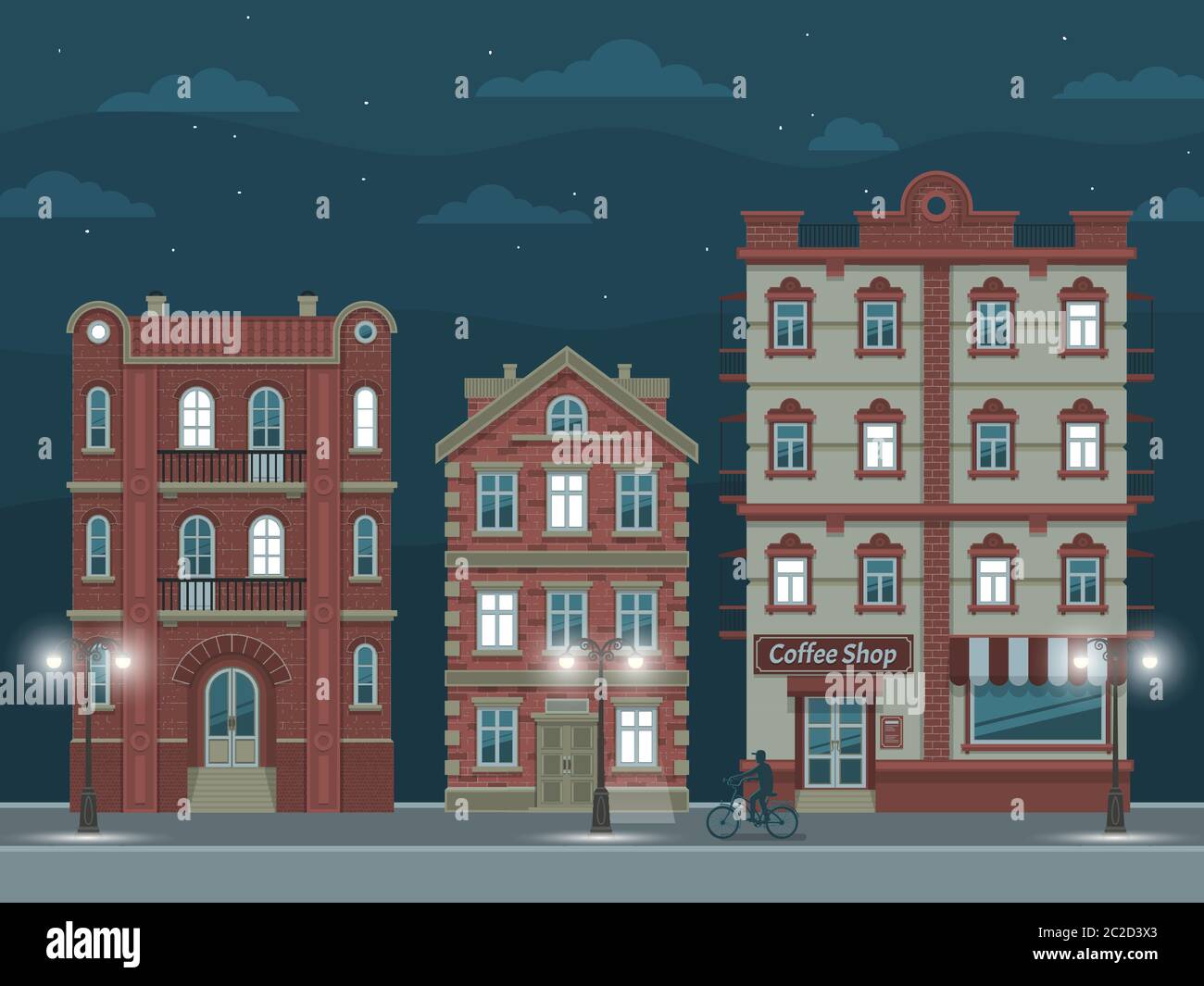 Night street with vintage houses Stock Vector