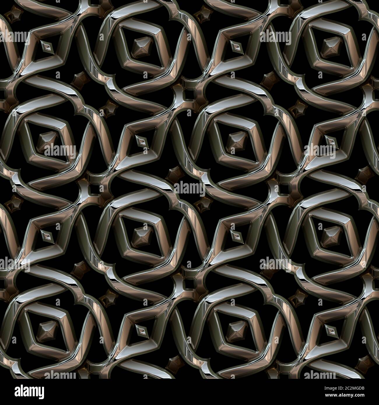 seamless repeating pattern tile of interessting embossed texture with a glossy metal effect in fashionable dark silver rhodium color on black Stock Photo