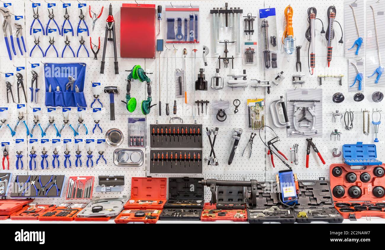 Mechanical tools for auto service and car repair. Workshop or garage equipment Stock Photo