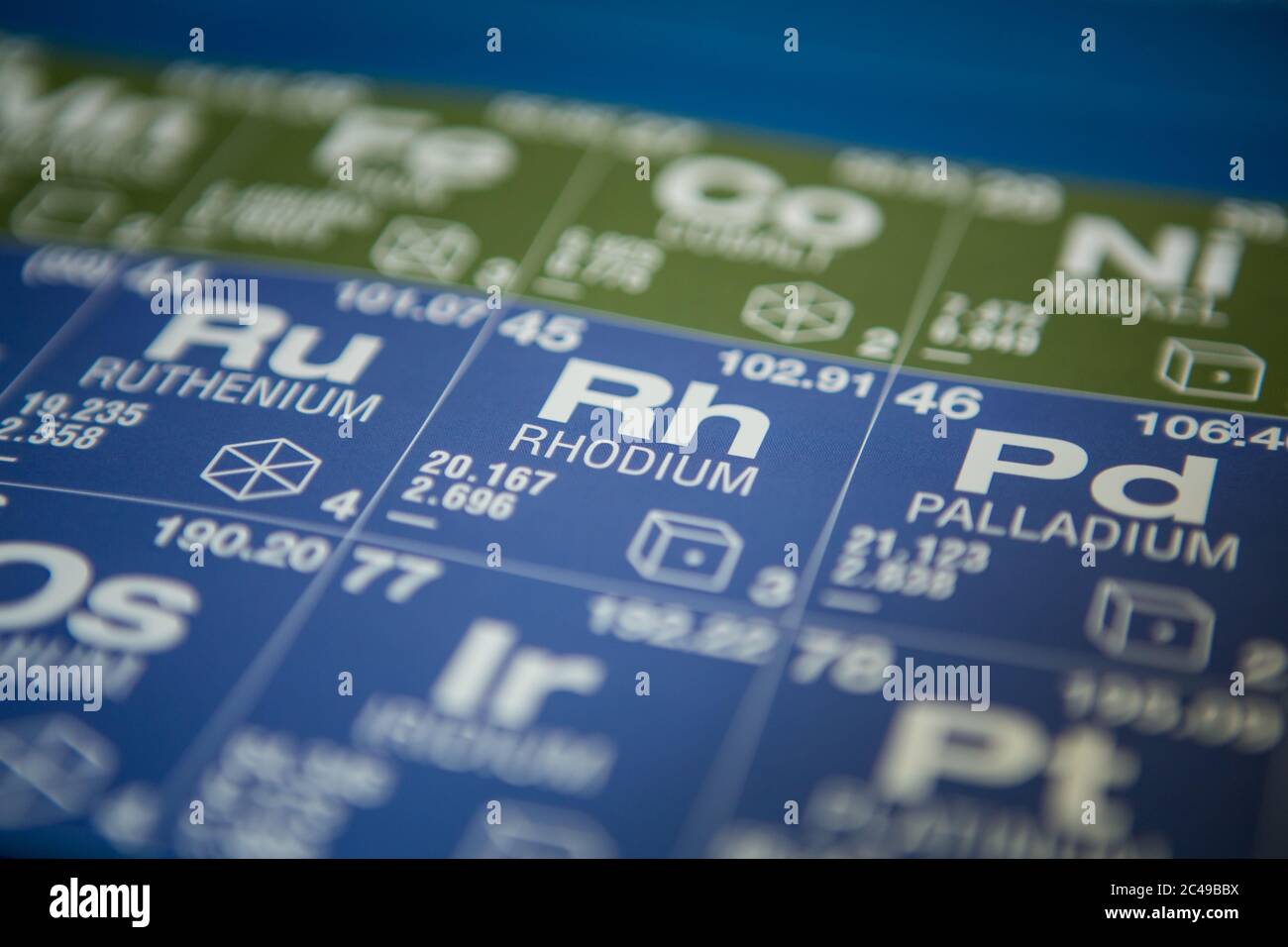 Rhodium on the periodic table of elements Stock Photo