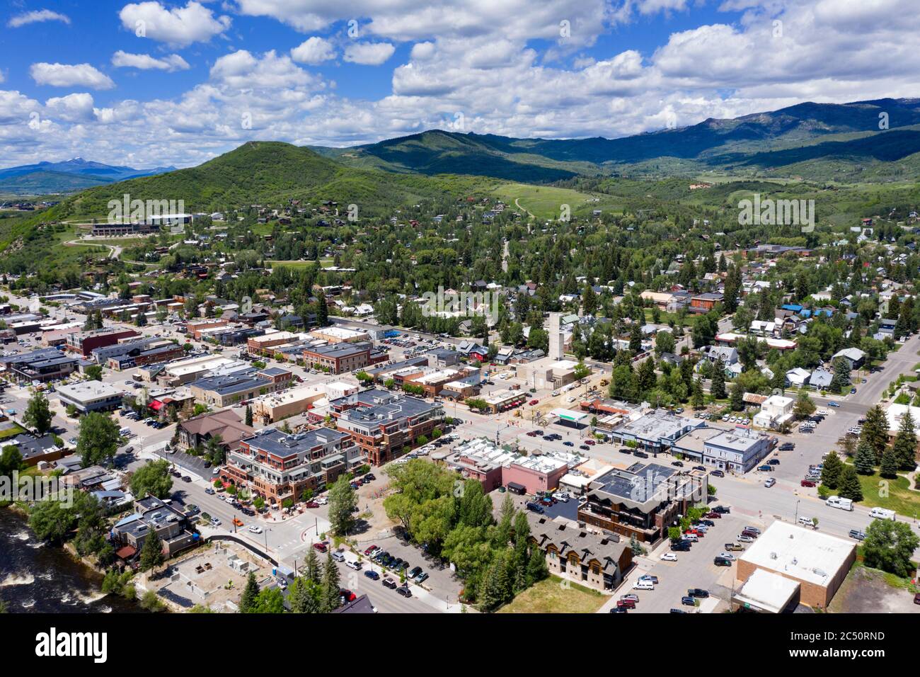 Aerail view above downtown Steamboat Springs Colorado Stock Photo