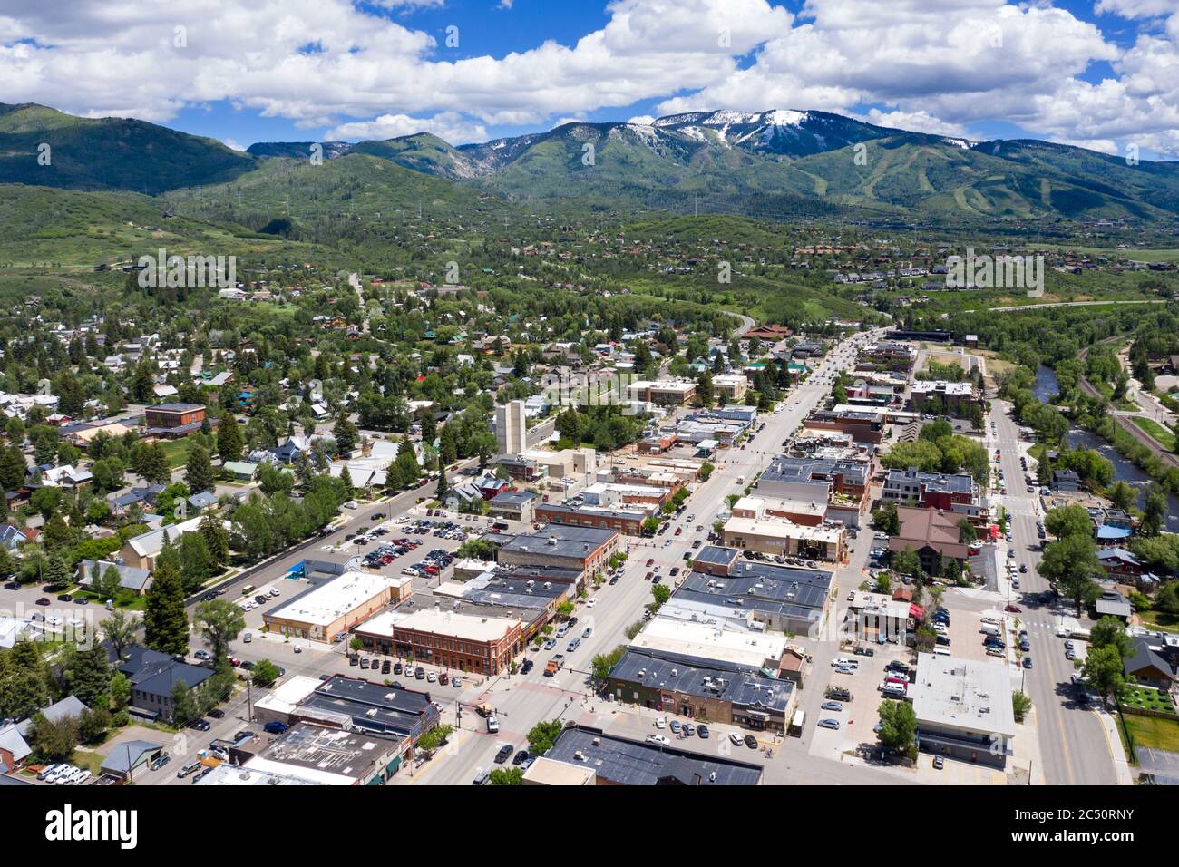 Aerail view above downtown Steamboat Springs Colorado Stock Photo