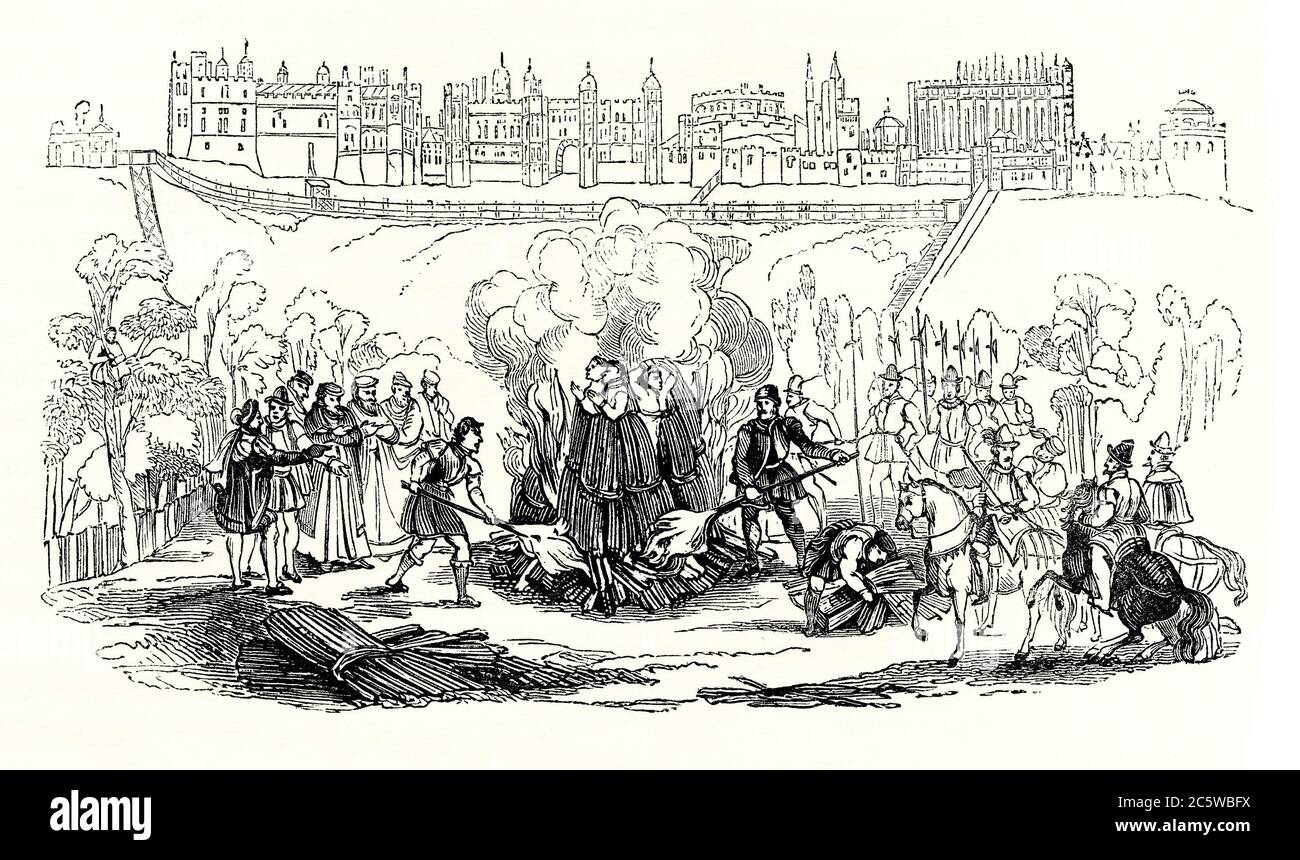 An old engraving showing a burning at the stake in the Middle Ages - the 'Windsor Martyrs' at Windsor, Berkshire, England, UK in 1543. In England, burning was a legal punishment inflicted on women found guilty of high treason, petty treason and heresy. Over a period of several centuries, female convicts were publicly burnt at the stake, sometimes alive, for a range of activities. While men guilty of heresy (as in this engraving) were also burned at the stake, those who committed high treason were instead hanged, drawn and quartered. Public executions were well-attended events. Stock Photo