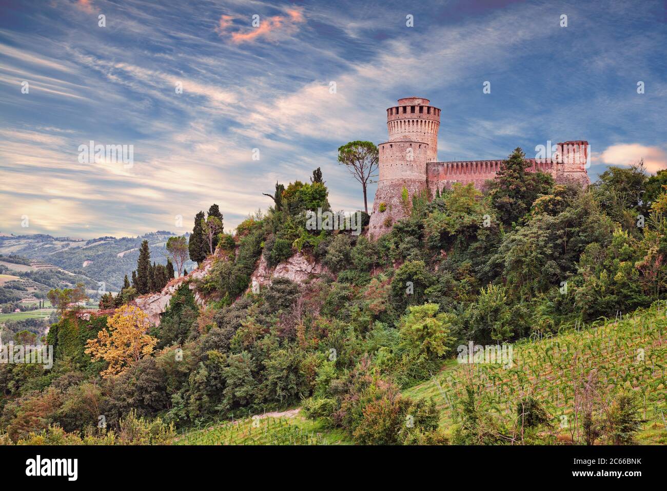 Brisighella, Ravenna, Emilia Romagna, Italy: hills landscape with the medieval castle Rocca Manfrediana close to the old town Stock Photo