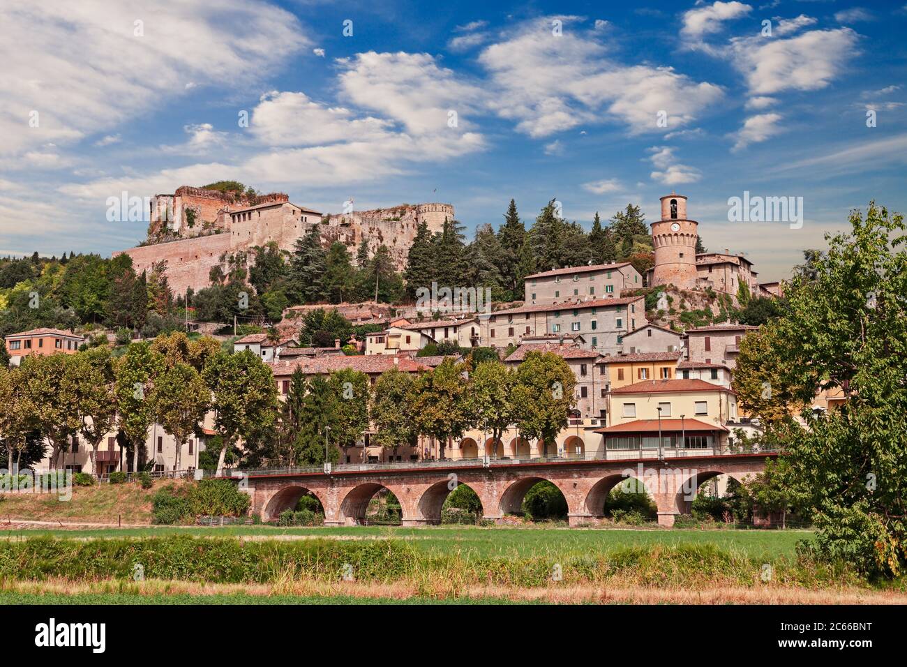 Castrocaro Terme, Forli-Cesena, Emilia-Romagna, Italy: landscape of the spa town with the ancient castle on the hill Stock Photo