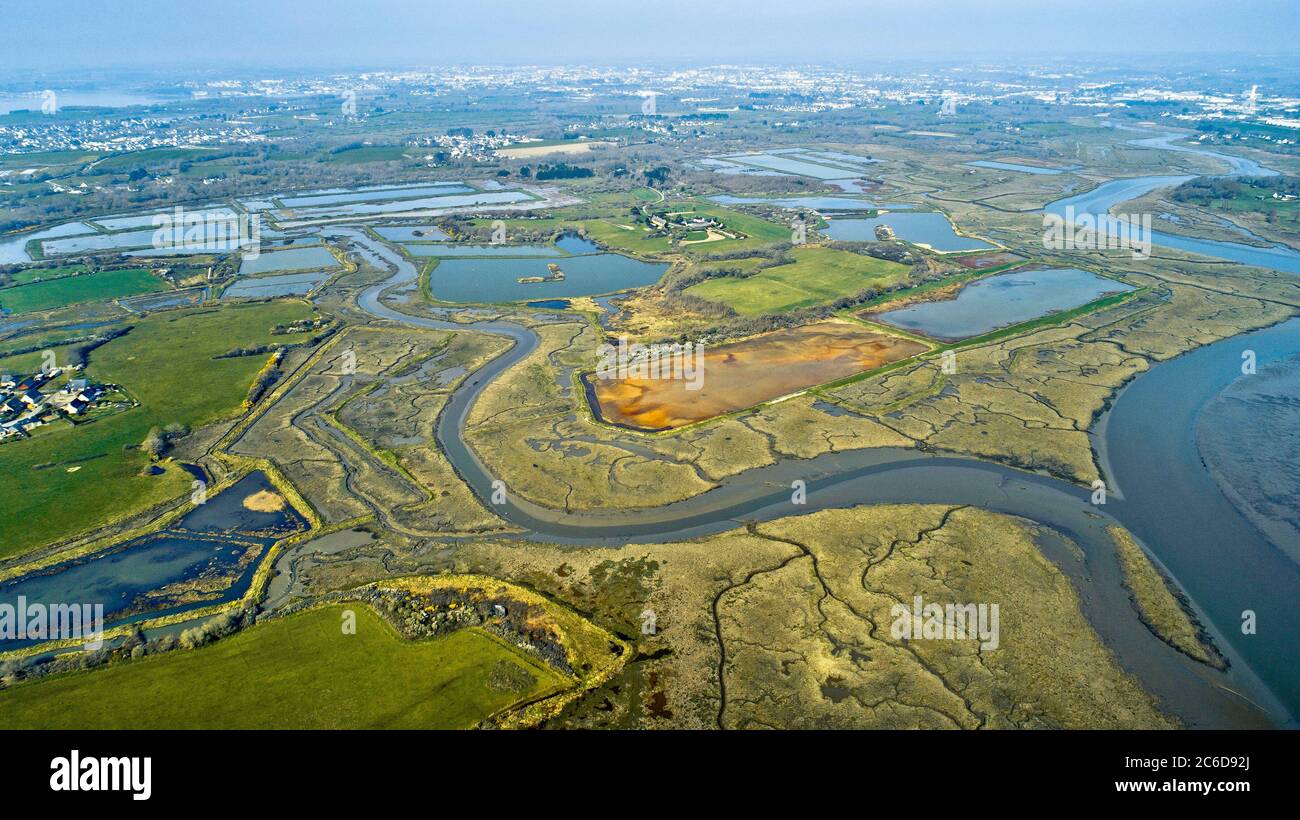 Sene (Brittany, north-western France): aerial view of the former salt marshes, home to the Marais de Sene Nature Reserve, on the Nayalo river, in the Stock Photo