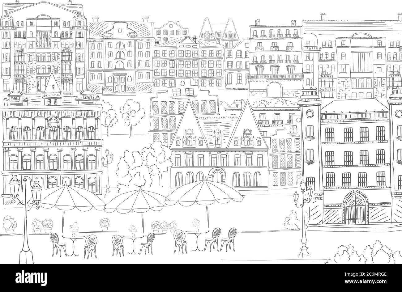 Historic old buildings line style. Outline old city life building. Architectural hand drawing sketch Stock Vector