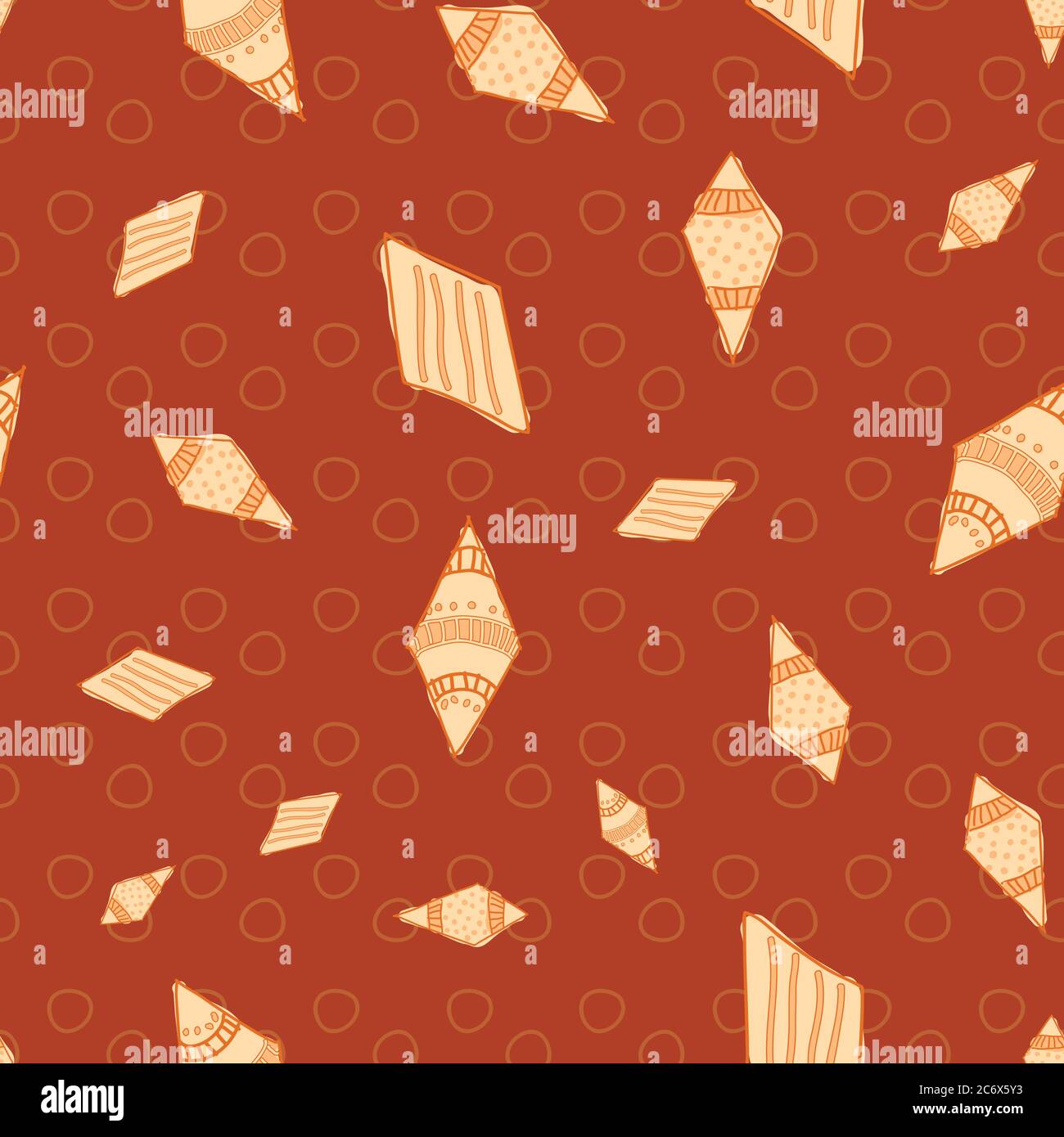 Tribal shields orange kite shapes scattered on red background Seamless pattern Vector hand drawn doodle style illustration surface design Stock Vector