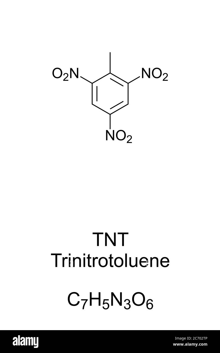 TNT, Trinitrotoluene chemical structure and formula. 2,4,6-trinitrotoluene, a chemical compound and yellow solid, known as explosive material. Stock Photo