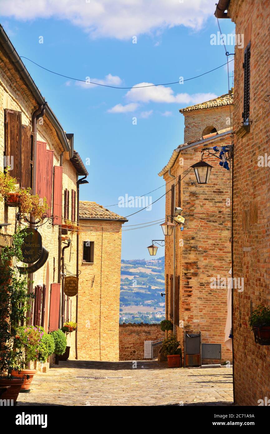 A street in Montegridolfo, a beautiful village surrounded by medieval walls located on the border between Marche and Emilia-Romagna. Stock Photo