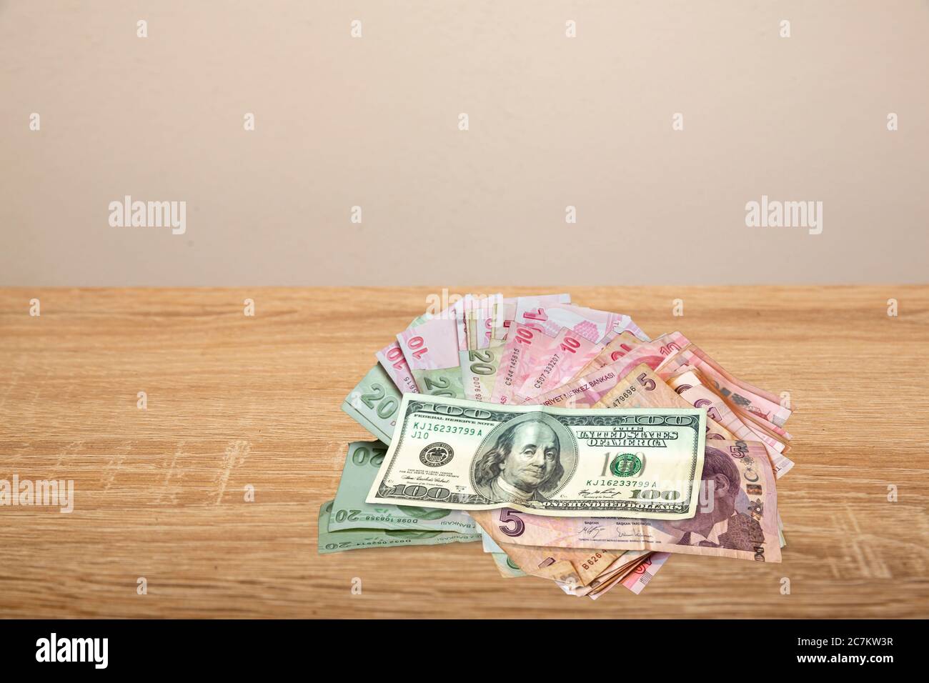 100 Dollar and Turkish Money on wooden table Stock Photo