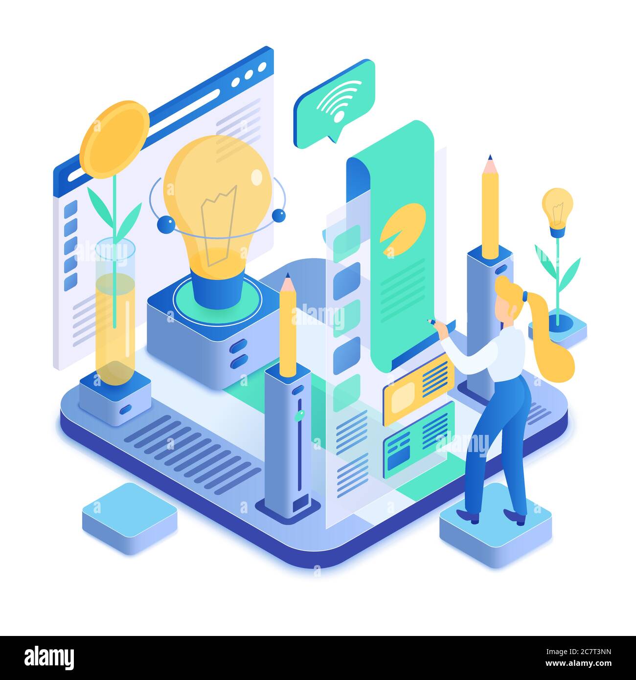 Creative process isometric vector illustration. Imagination and knowledge. Forward thinking. Lighting bulb. Innovative digital platform. Work motivation cartoon conceptual design element Stock Vector