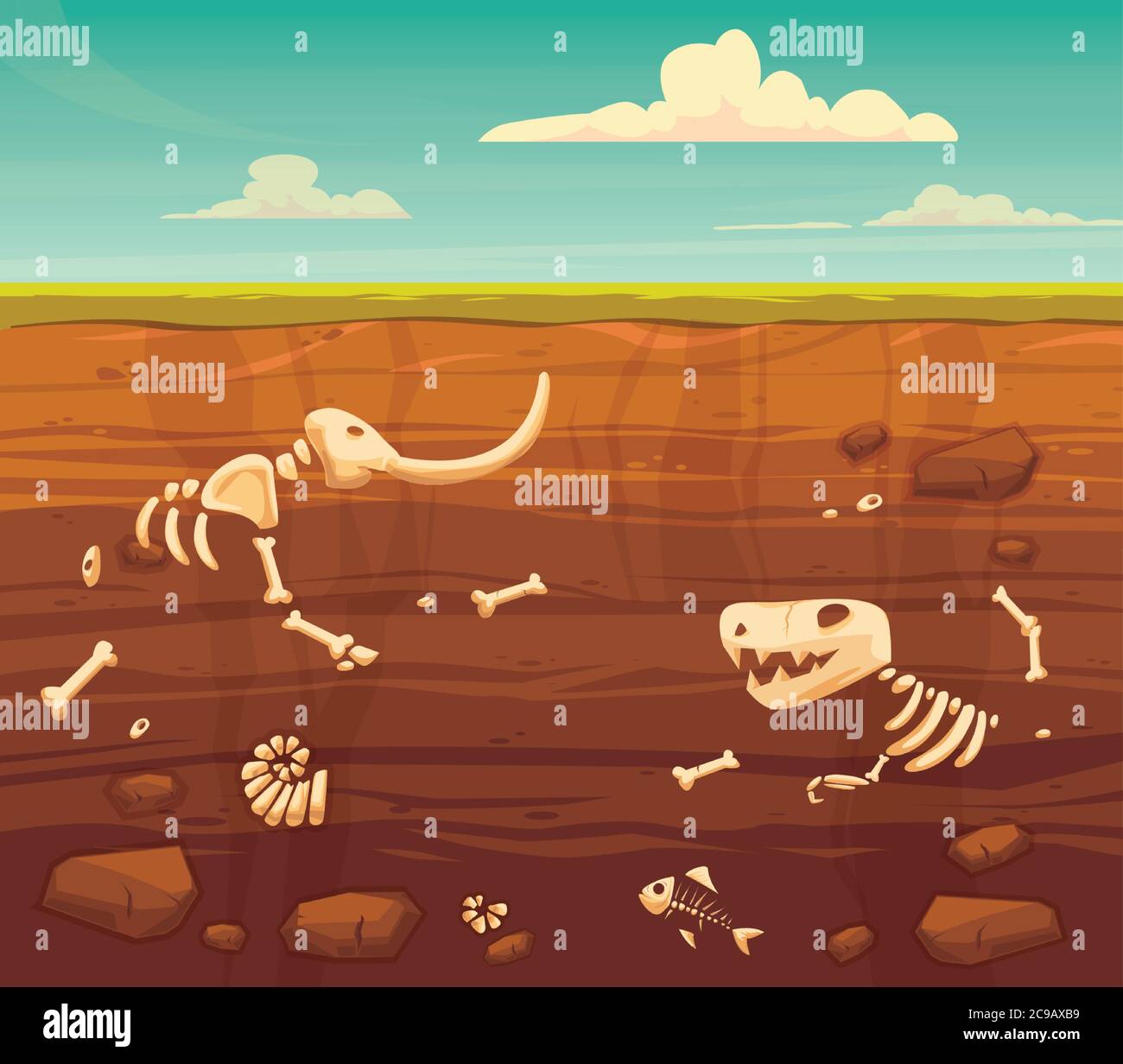 Ground layers with bones. Buried fossil animals, dinosaur, mammot, fish skeleton bone and shellfish.Vector flat style cartoon illustration Stock Vector