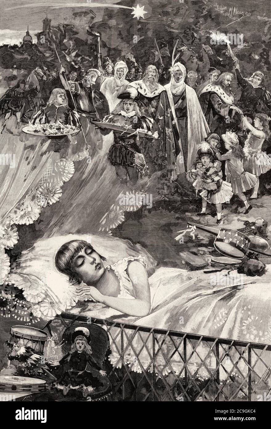 19th century girl sleeping waiting for gifts on the night of the three wise men, drawing by Manuel Alcázar Ruiz (1858 - 1914) Spanish painter, illustrator, draftsman and printmaker, Spain. Old XIX century engraved illustration from La Ilustracion Española y Americana 1890 Stock Photo