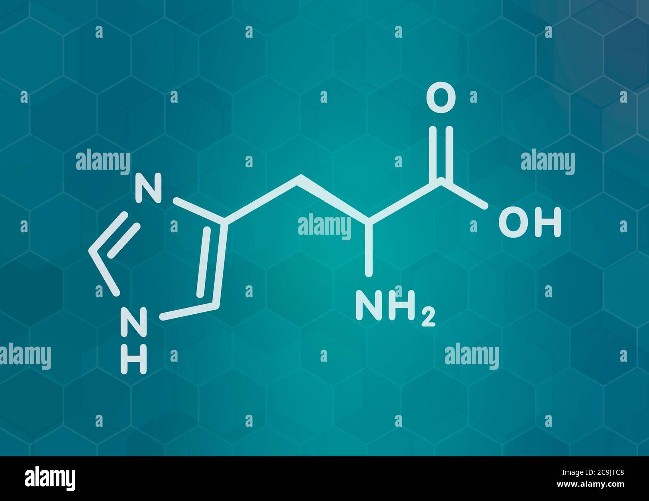 Histidine (l-histidine, his, H) amino acid molecule. White skeletal formula on dark teal gradient background with hexagonal pattern. Stock Photo